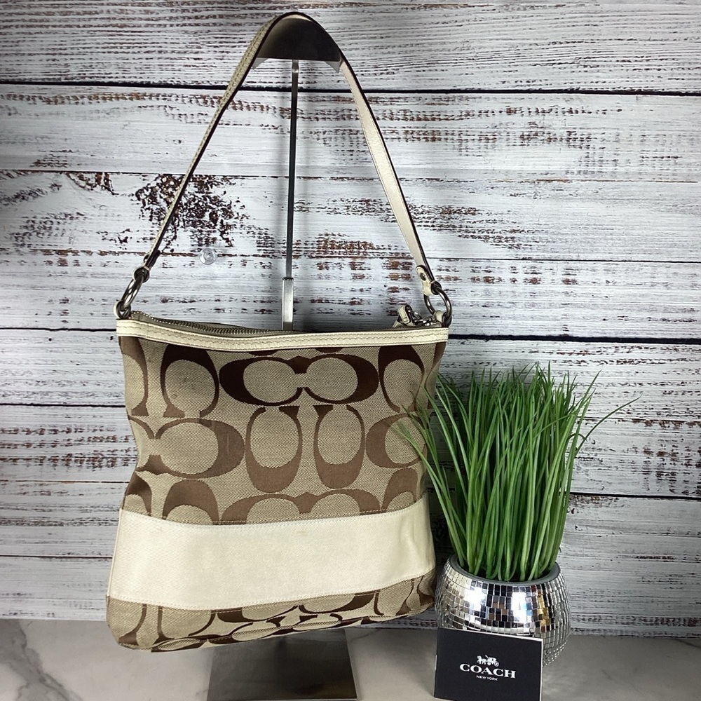 Coach Brown and Cream Shoulder Bag with Signature Monogram‎